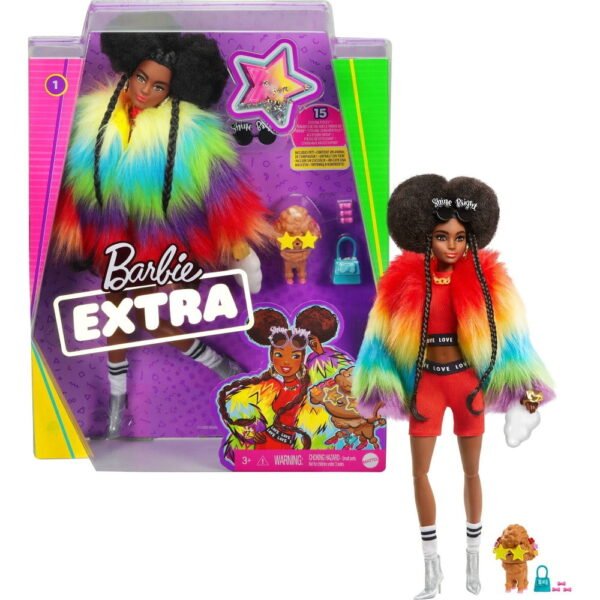 Barbie Extra Doll #1 in Furry Rainbow Coat with Pet Poodle Barbie Extra Doll #1 in Furry Rainbow Coat with Pet Poodle - Image 1