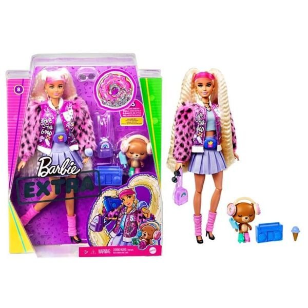 Barbie® Extra Doll #8 in Varsity Jacket with Furry Arms & Pet Teddy Bear - Image 6