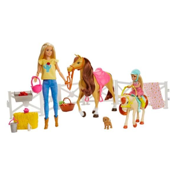 Barbie Playset with Barbie and Chelsea Blonde Dolls, 2 Horses with Bobbling Heads and 15+ - Image 1