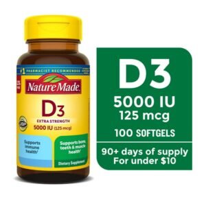 Nature Made Extra Strength Vitamin D3 5000 IU (125 mcg) Softgels, Dietary Supplement for Bone and Immune Health Support, 100 Count