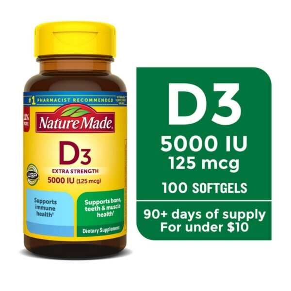 Nature Made Extra Strength Vitamin D3 5000 IU (125 mcg) Softgels, Dietary Supplement for Bone and Immune Health Support, 100 Count - Image 1
